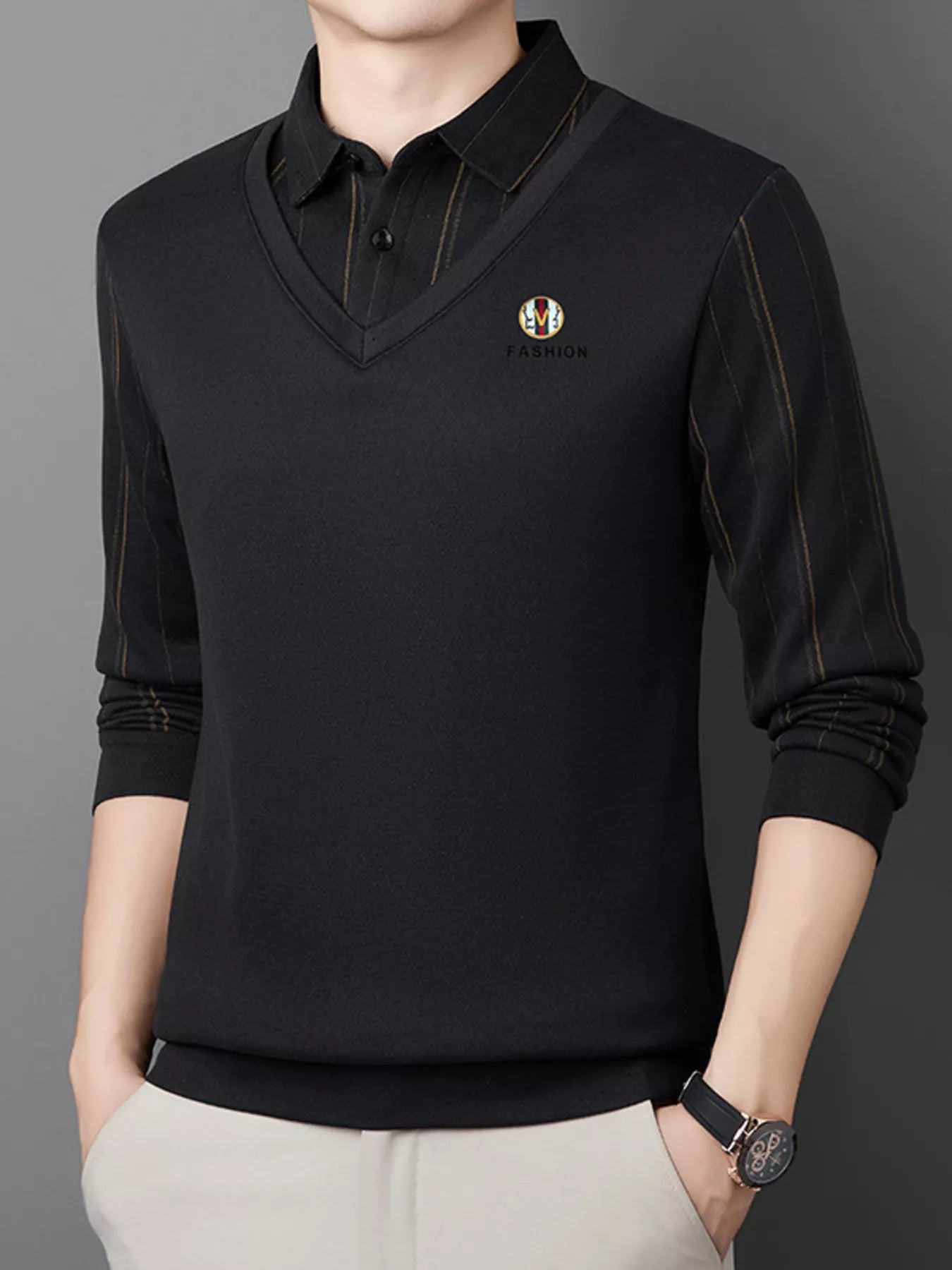 Men's Plus Size Layered Style Long Sleeve Polo - PBNJ FASHIONS