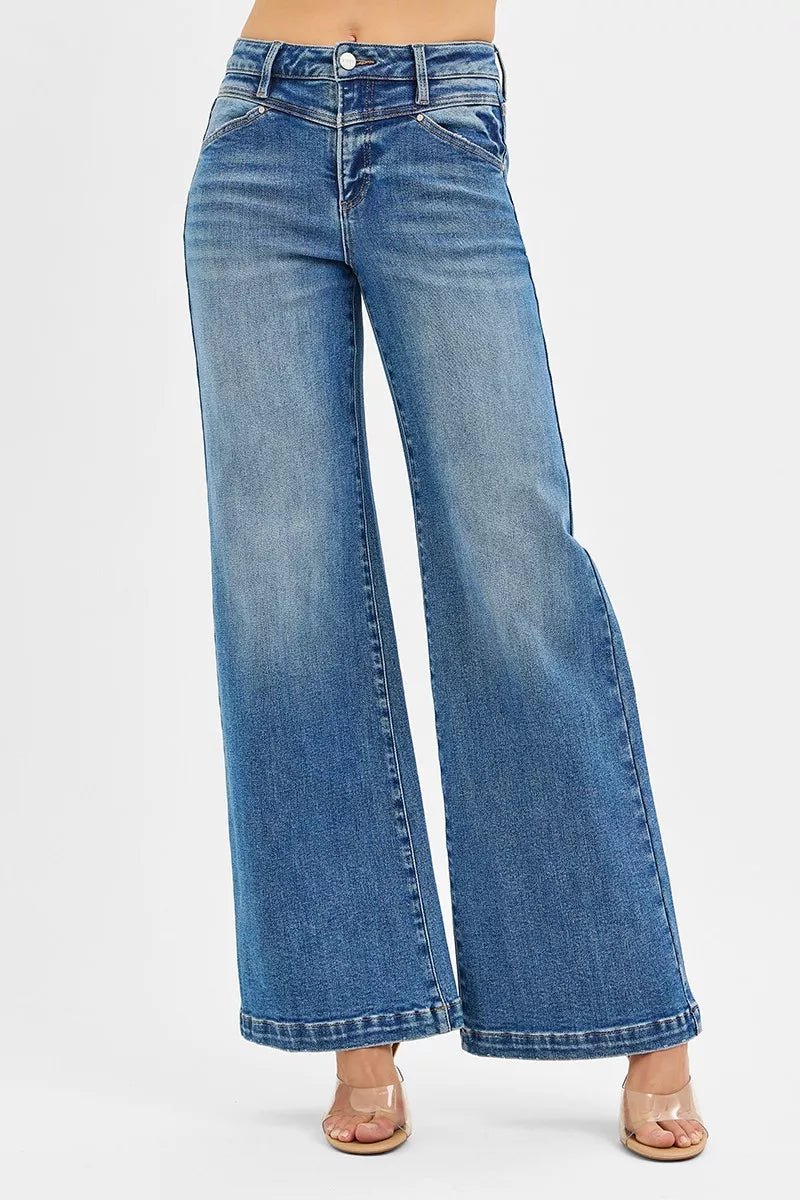 RISEN High Rise Wide Leg Jenas with Front Yoke and Heart Back Pocket - PBNJ FASHIONS