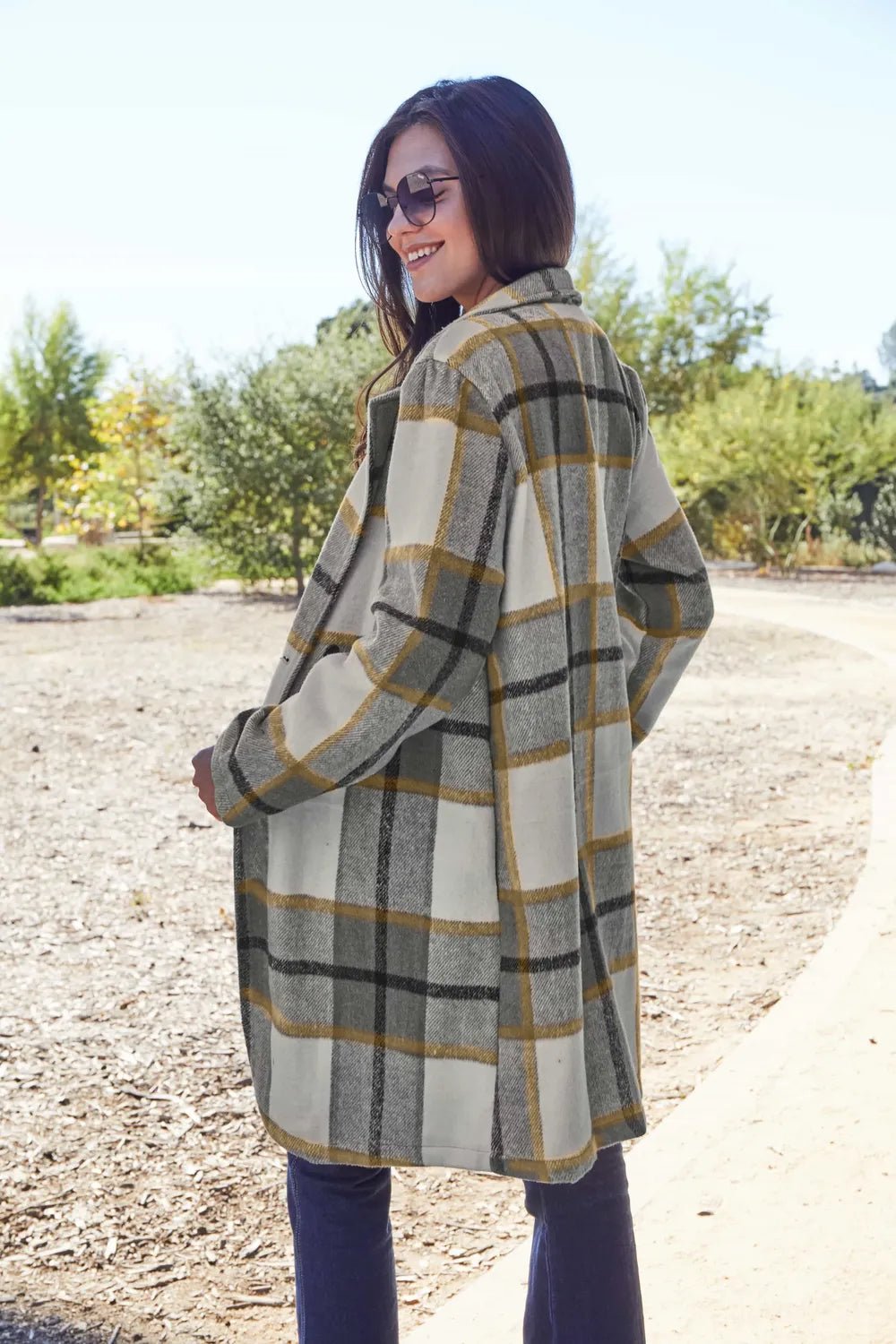 Double Take Full Size Plaid Button Up Lapel Collar Coat - PBNJ FASHIONS