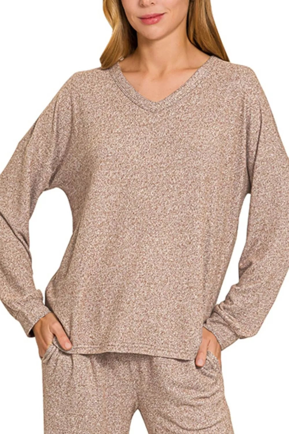 Zenana Soft Melange Long Sleeve Tee & Pants Set - PBNJ FASHIONS