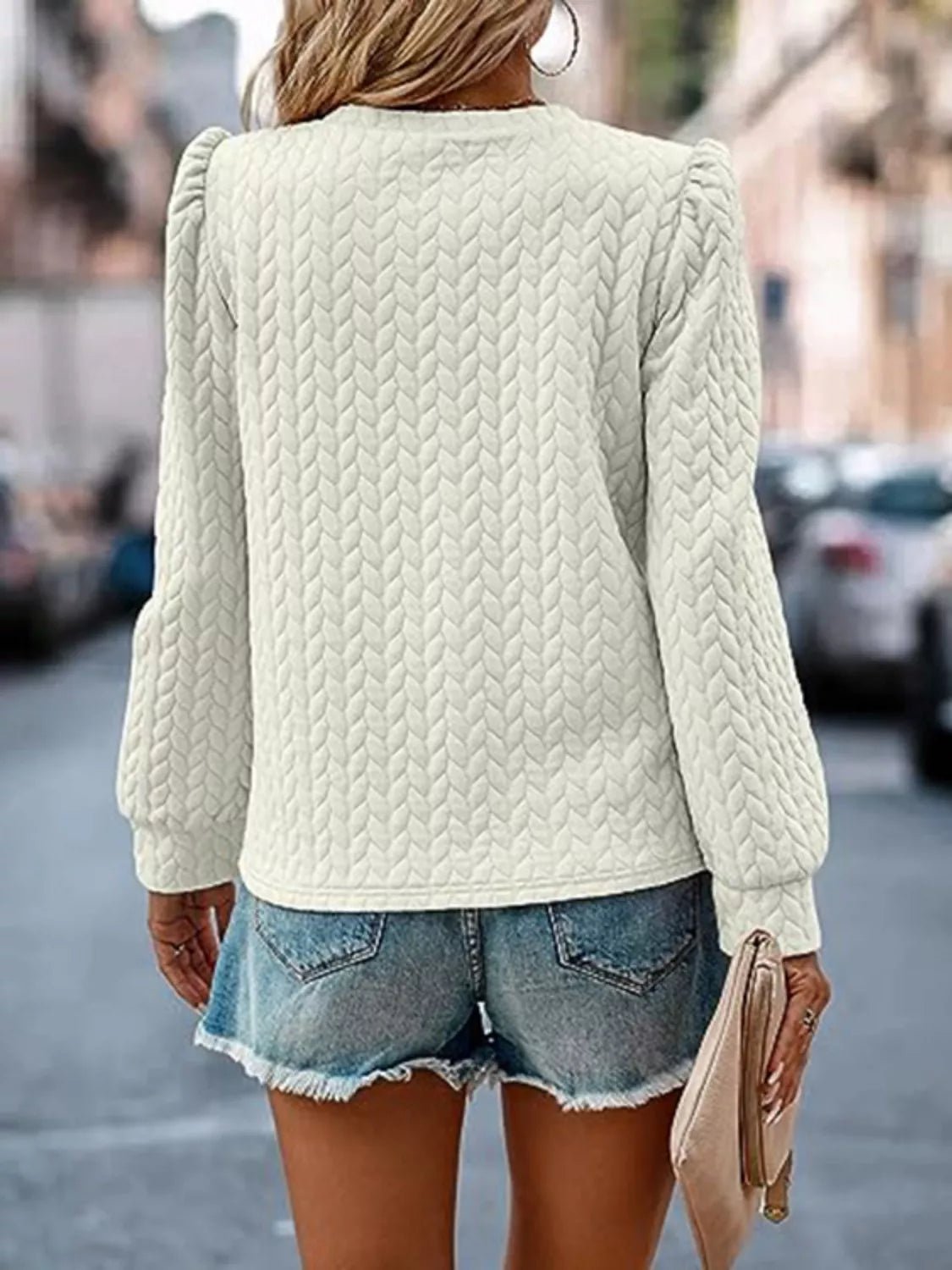 Textured Round Neck Long Sleeve Blouse - PBNJ FASHIONS