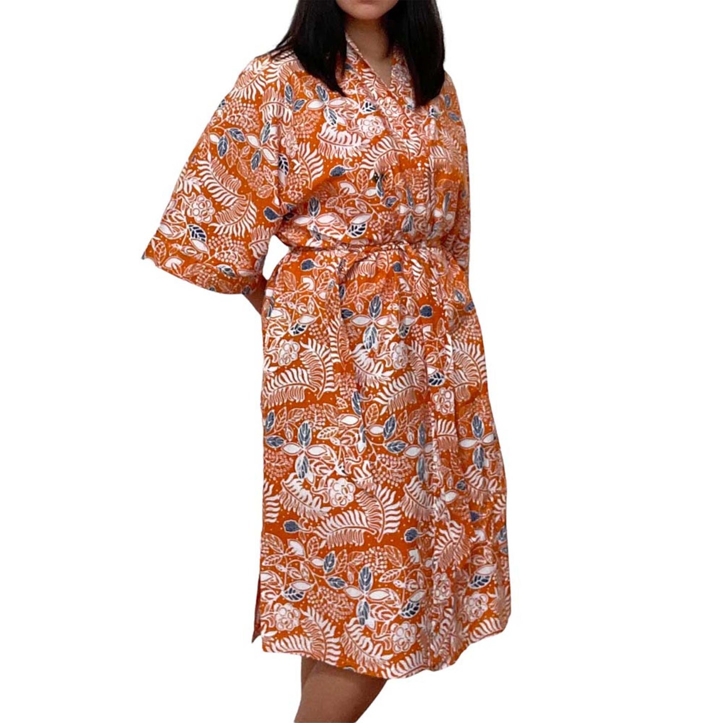 Handmade Batik Robe Kimono, Orange Carnelian, Hand Dyed, 100% Cotton, Clementine