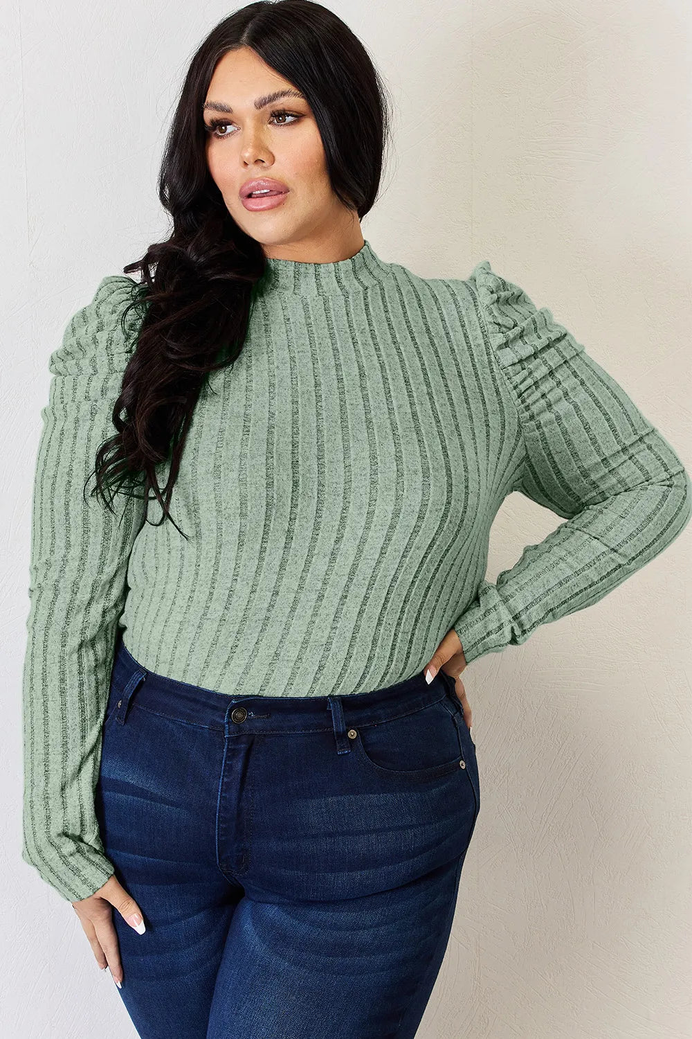Basic Bae Full Size Ribbed Mock Neck Puff Sleeve T-Shirt - PBNJ FASHIONS