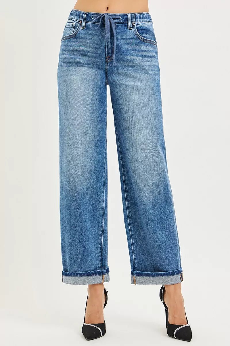 RISEN Elastic Band Slouch Ankle Boyfriend Cuffed Hem Jeans - PBNJ FASHIONS