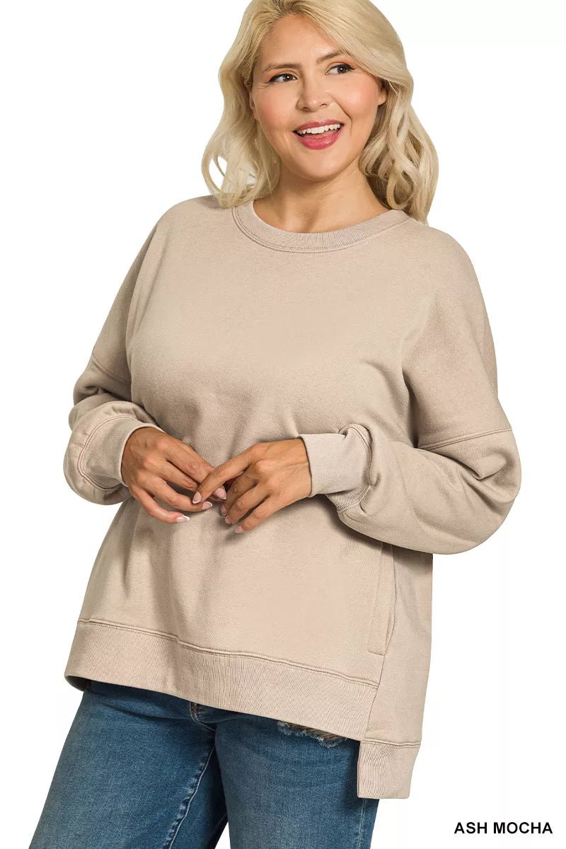 Zenana Full Size Fleece Hi - low Boyfriend Sweatshirts with Pockets Plus Size - PBNJ FASHIONS
