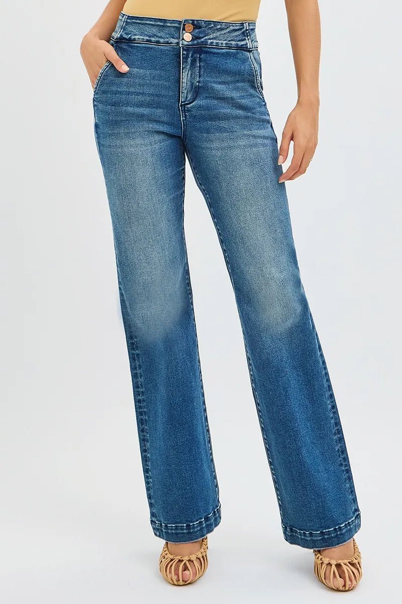 RISEN Full Size Tummy Control High Rise Bootcut Jeans with Double Button Waistband Plus Size - PBNJ FASHIONS