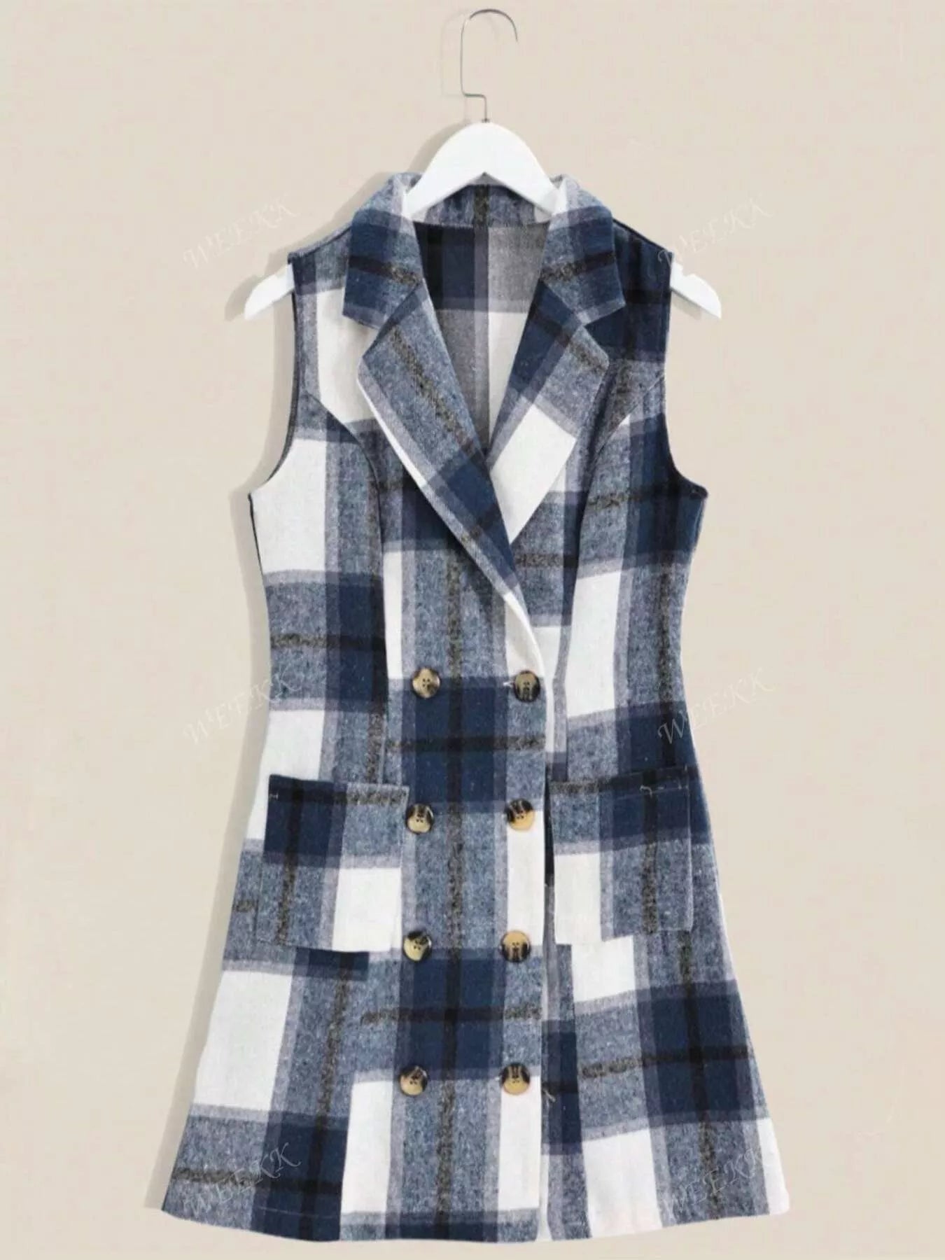 Plaid Double - Breasted Sleeveless Blazer Dress - PBNJ FASHIONS