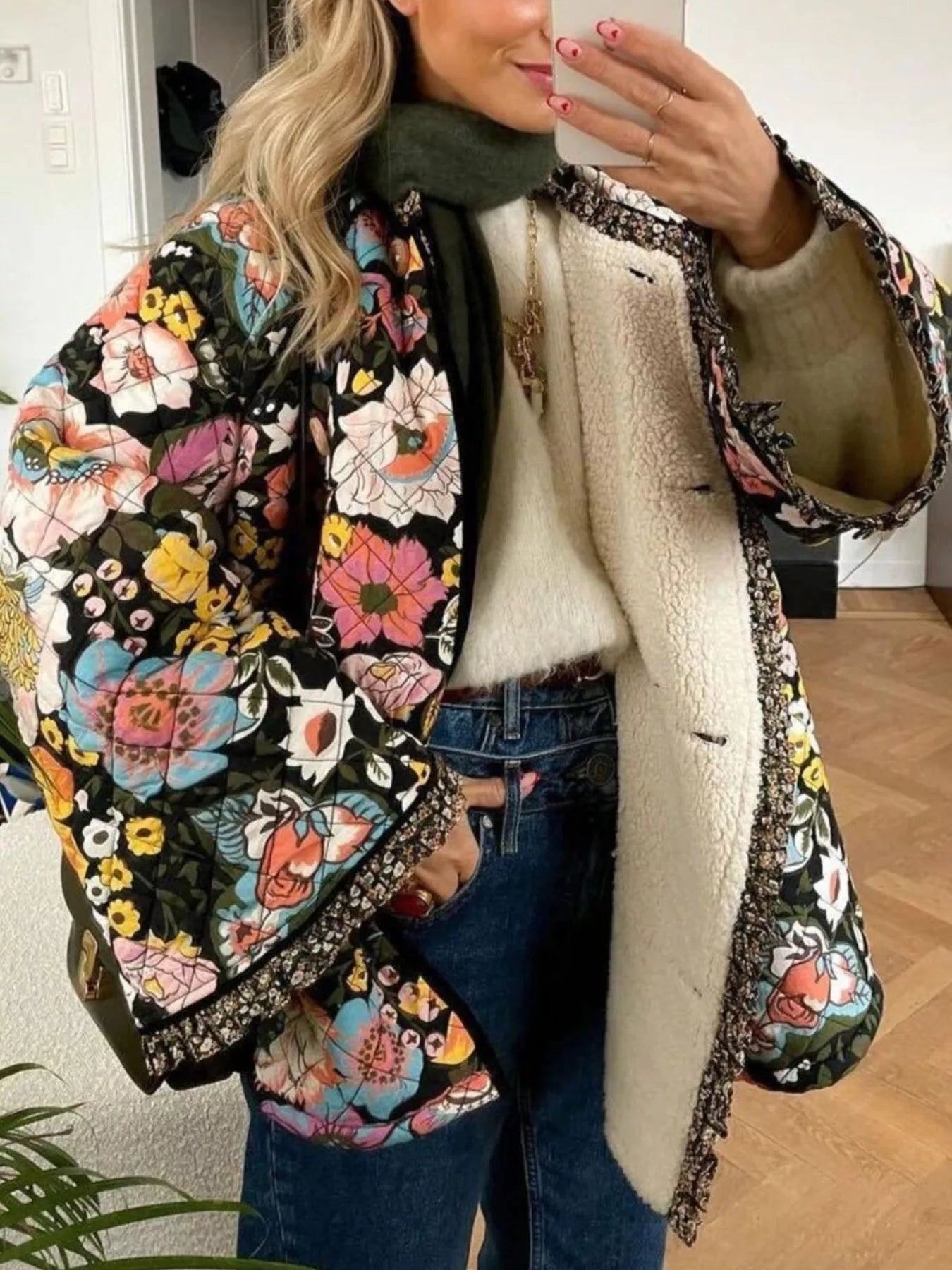 Full Size Floral Print Quilted Sherpa - Lined Jacket Plus Size - PBNJ FASHIONS