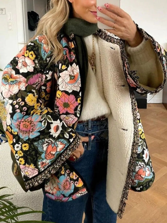 Full Size Floral Print Quilted Sherpa - Lined Jacket Plus Size - PBNJ FASHIONS