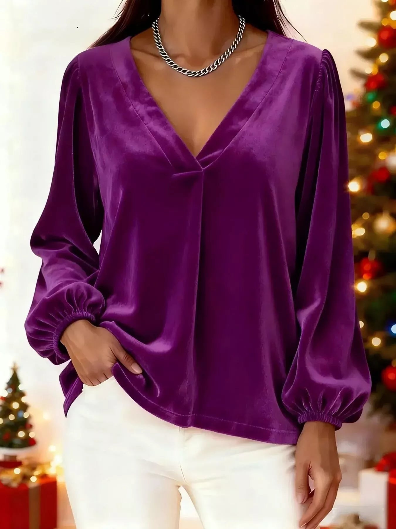 Full Size Velvet V - Neck Long Sleeve Blouse Plus Size - PBNJ FASHIONS