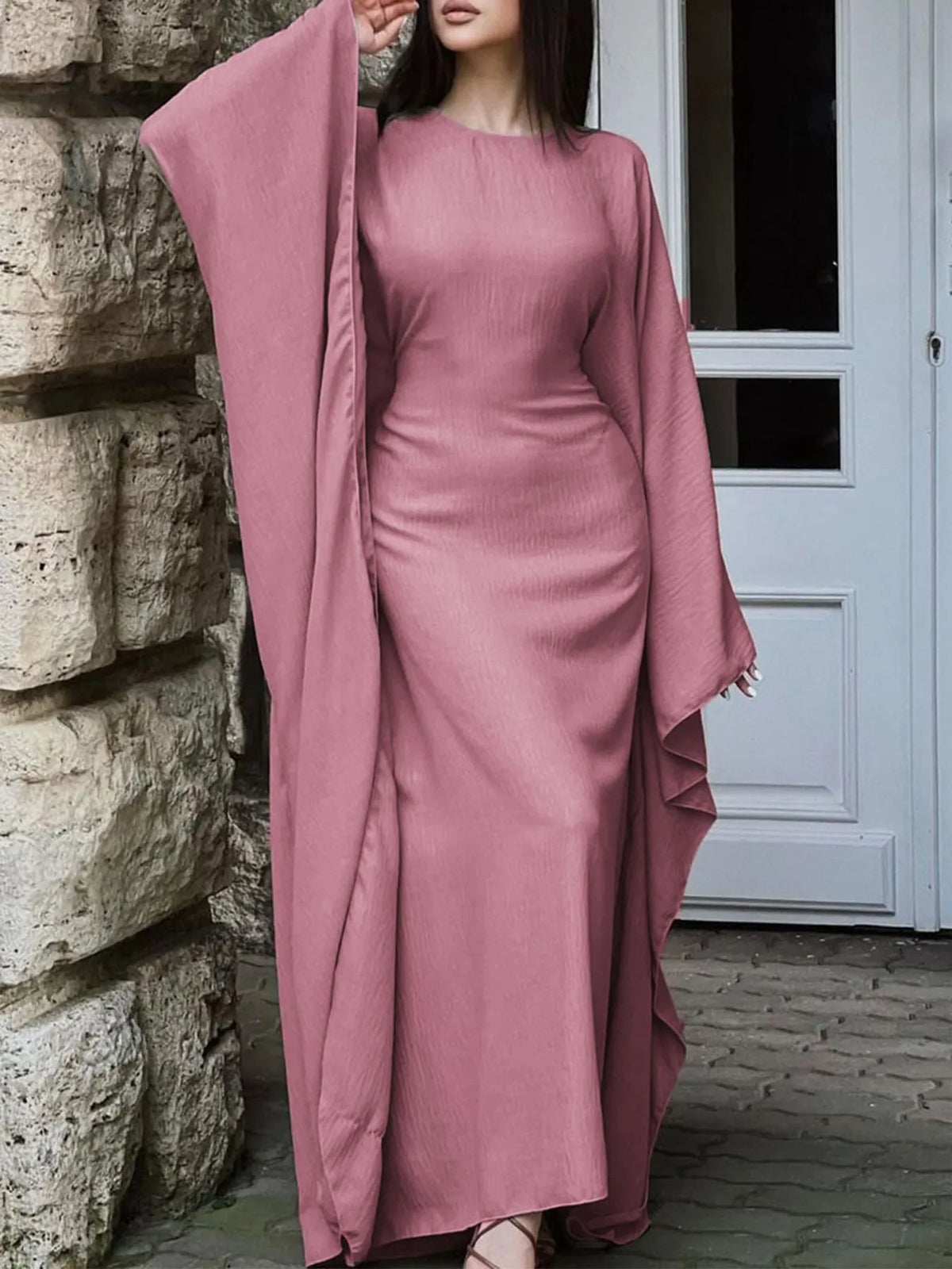 Round Neck Maxi Dress with Flowing Cape Sleeves - PBNJ FASHIONS
