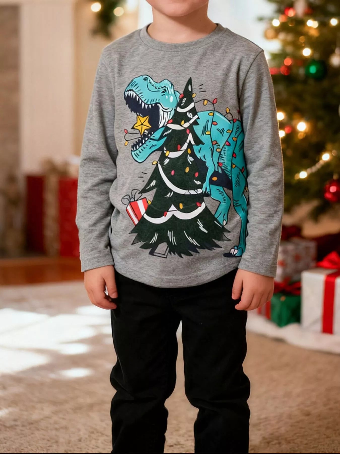 Children's Dinosaur Christmas Tree Graphic Long Sleeve T-Shirt - PBNJ FASHIONS