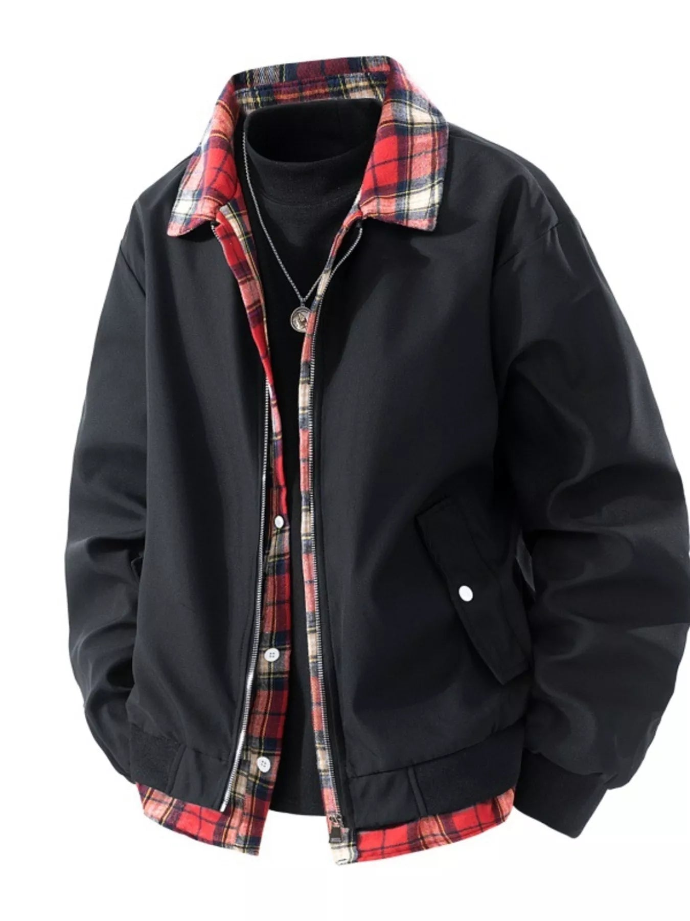 Men's Plus Size Plaid Trim Long Sleeve Jacket - PBNJ FASHIONS