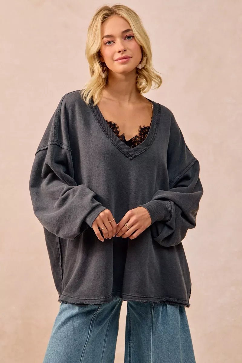 BiBi Mineral Washed French Terry Oversized Sweatshirt - PBNJ FASHIONS
