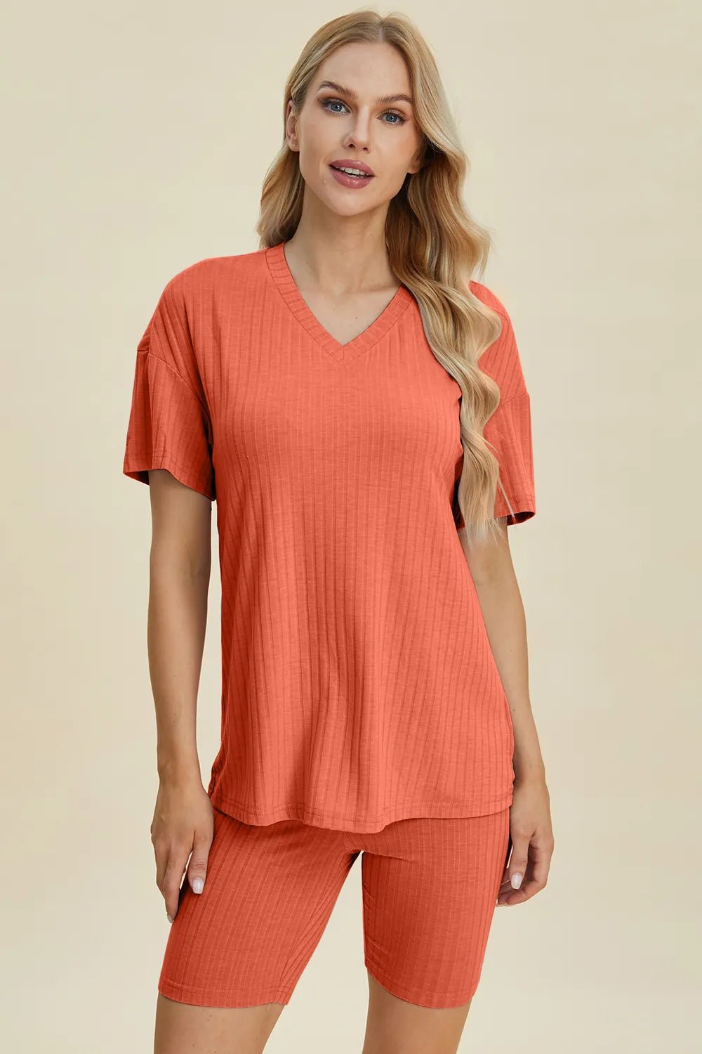 Basic Bae Full Size Ribbed V - Neck Short Sleeve Top and Shorts Set - PBNJ FASHIONS