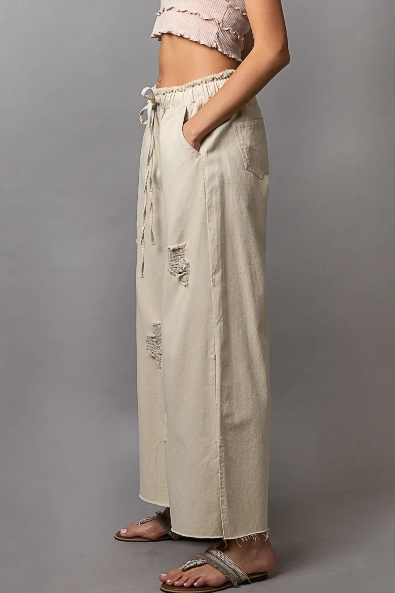 POL Distressed Drawstring Slit Wide leg Pants - PBNJ FASHIONS