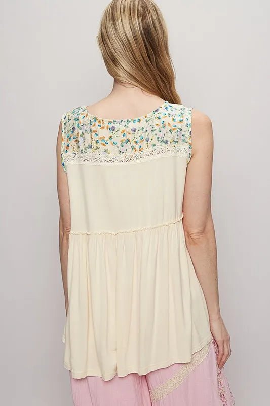 POL Lace Detail Frill Floral V - Neck Sleeveless Top - PBNJ FASHIONS