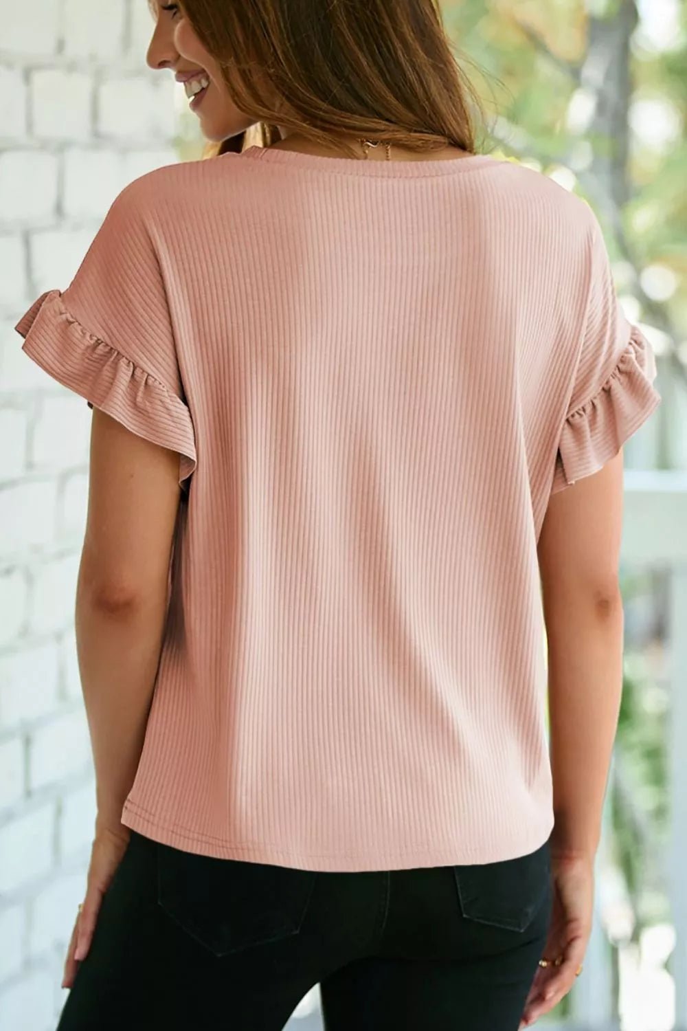Solid Color Ribbed Ruffled Short Sleeve T Shirt - PBNJ FASHIONS