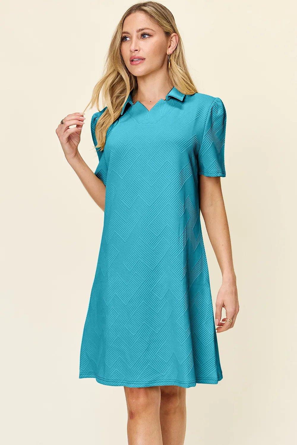 Double Take Full Size Texture Collared Neck Short Sleeve Dress - PBNJ FASHIONS