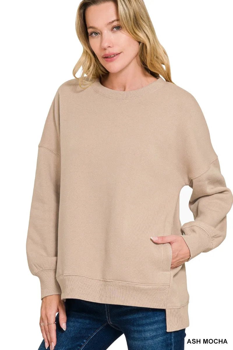 Zenana Full Size Fleece Hi - low Boyfriend Sweatshirts with Pockets Plus Size - PBNJ FASHIONS