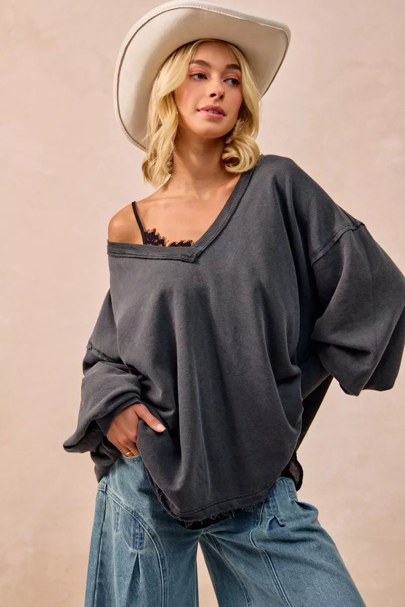 BiBi Mineral Washed French Terry Oversized Sweatshirt - PBNJ FASHIONS