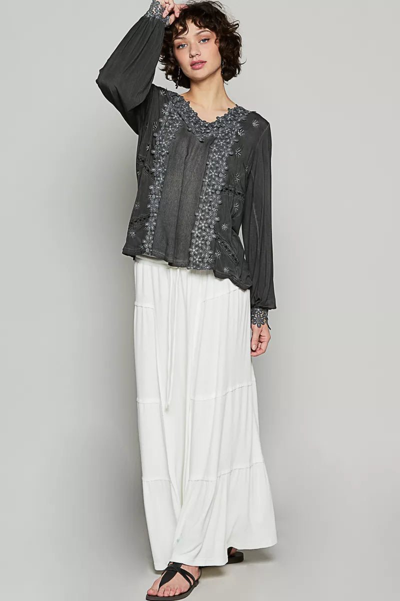 POL Floral Embroidery Woven Top with Lace Trim - PBNJ FASHIONS