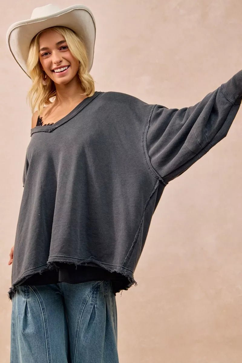 BiBi Mineral Washed French Terry Oversized Sweatshirt - PBNJ FASHIONS