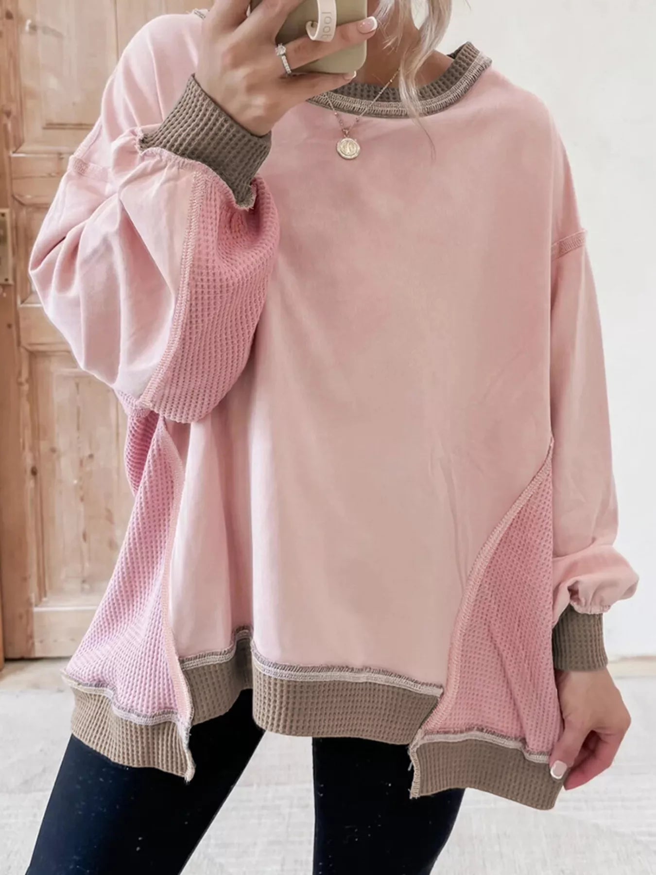 Color Block Mix Texture Waffle Patchwork Oversize Sweatshirt - PBNJ FASHIONS