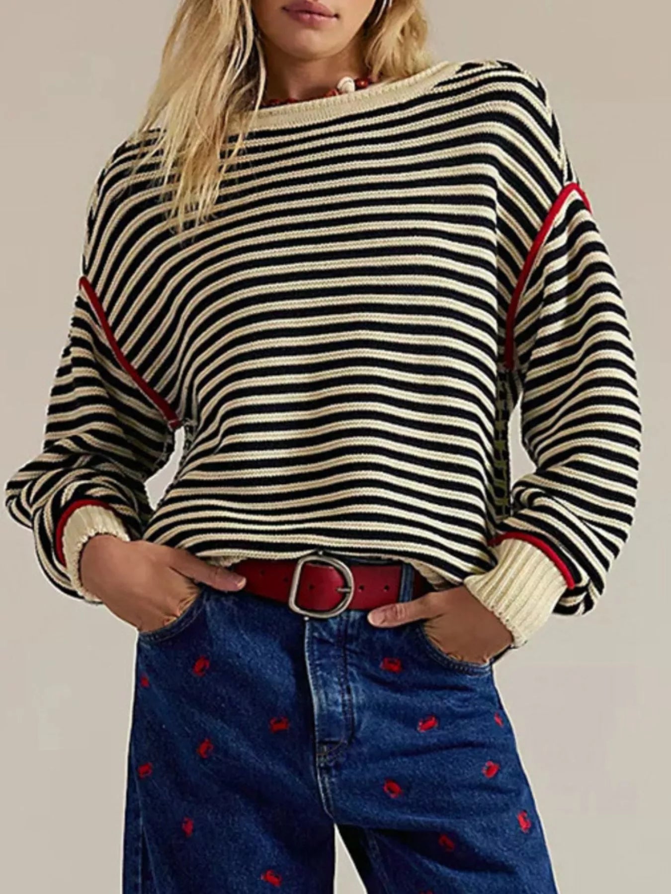 Striped Knit Round Neck Sweater - PBNJ FASHIONS