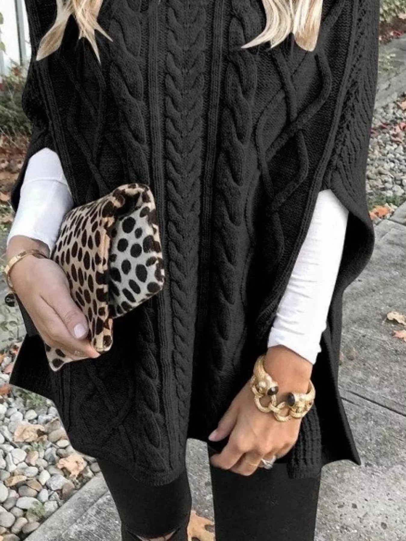 Chunky Cable Knit Turtleneck Poncho Cover Up - PBNJ FASHIONS