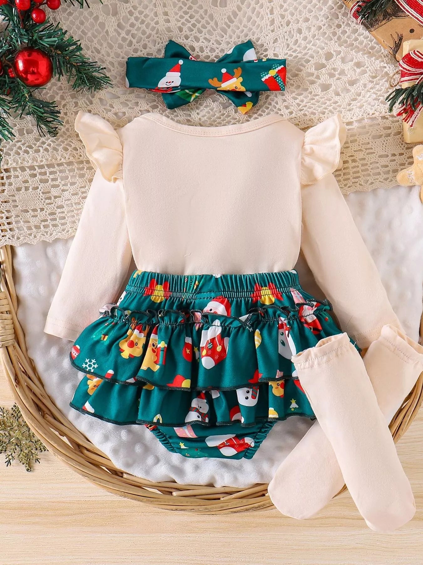 Children's Christmas Ruffled Long Sleeve Top and Skirt Set with Headband - PBNJ FASHIONS