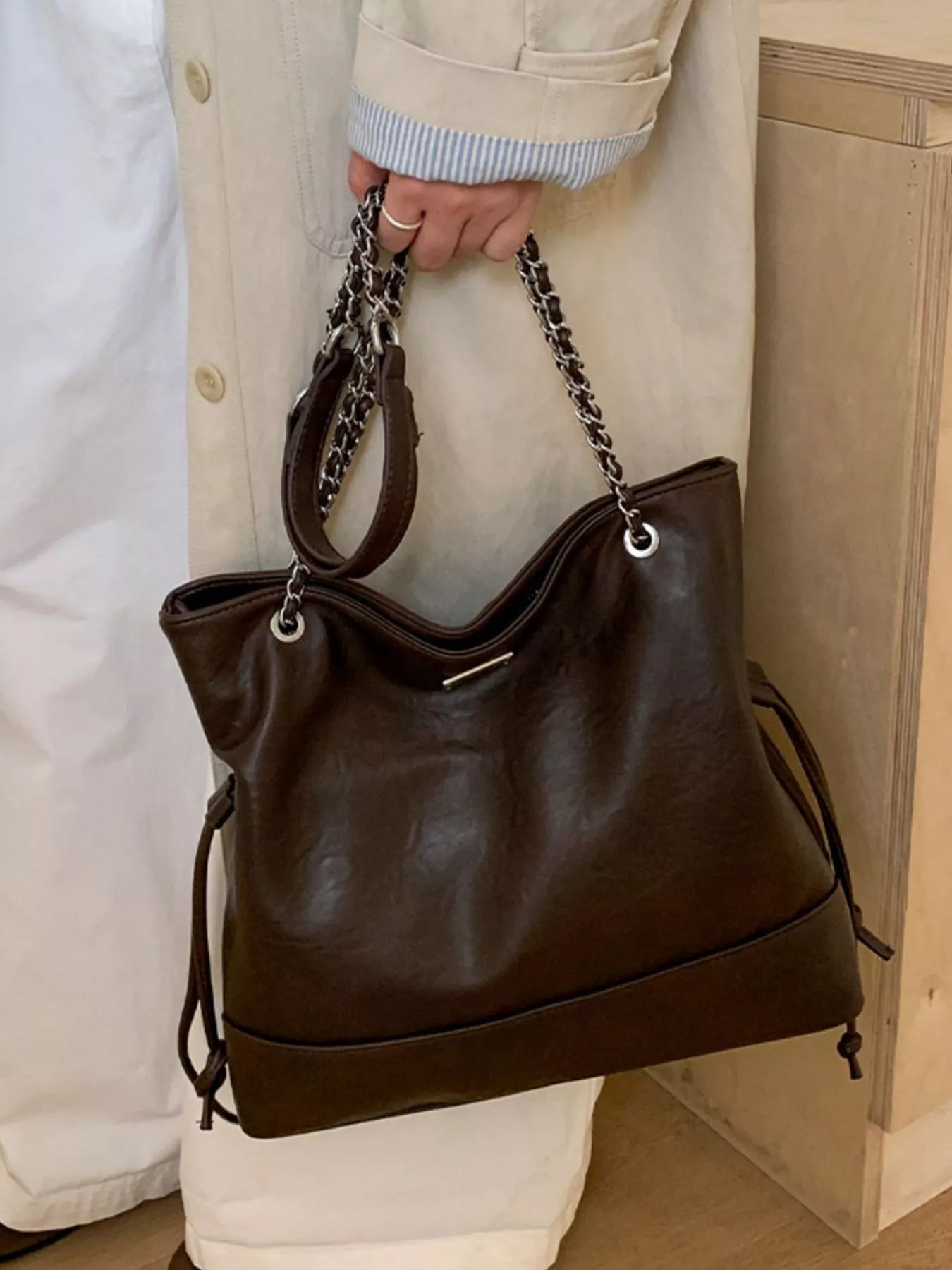 Chain Strap Faux Leather Tote Bag - PBNJ FASHIONS
