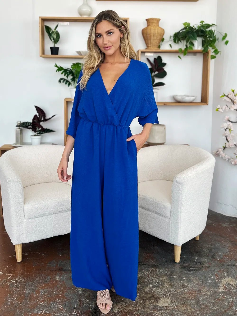 Double Take Full Size Surplice Wide Leg Jumpsuit with Pockets - PBNJ FASHIONS