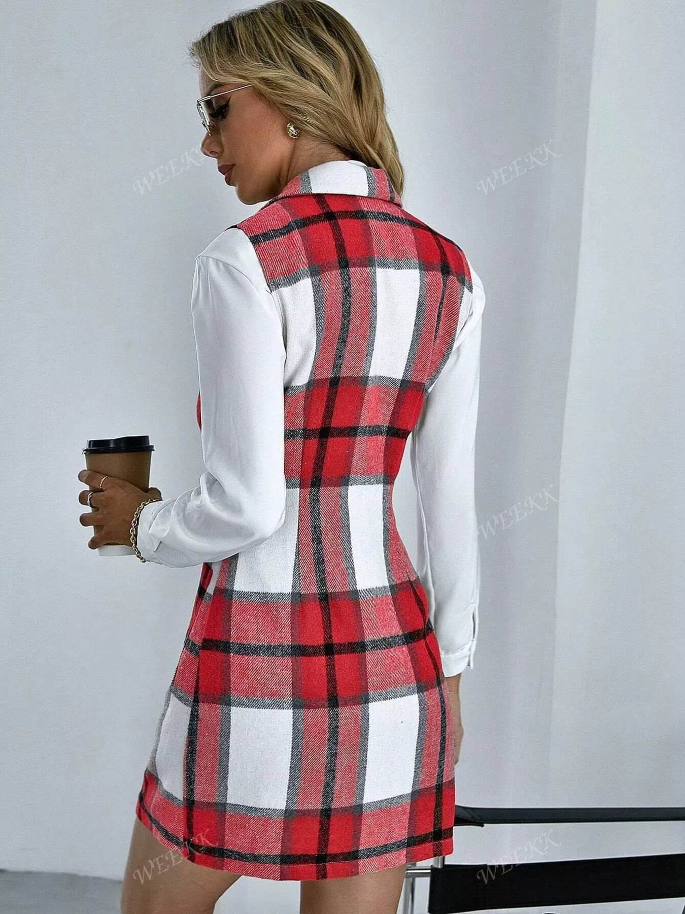 Plaid Double - Breasted Sleeveless Blazer Dress - PBNJ FASHIONS