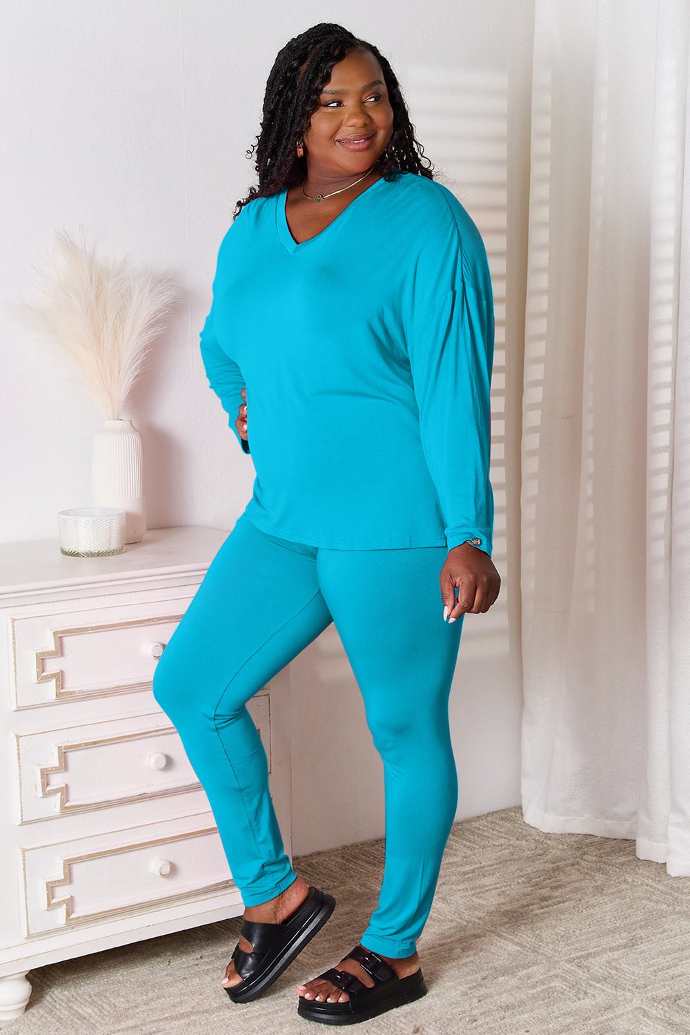 Basic Bae Full Size V - Neck Soft Rayon Long Sleeve Top and Pants Lounge Set - PBNJ FASHIONS