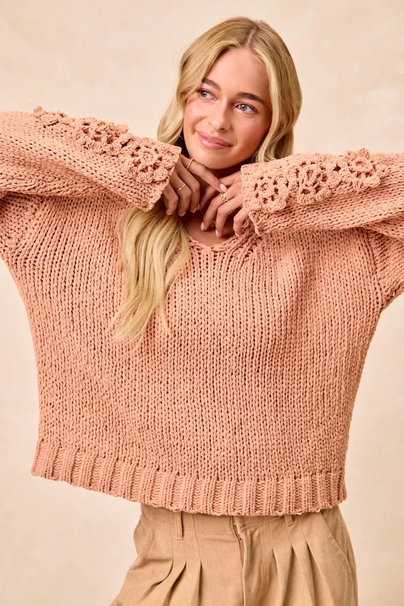 BiBi Chunky Knit Sweater with Flower Detail Sleeves - PBNJ FASHIONS