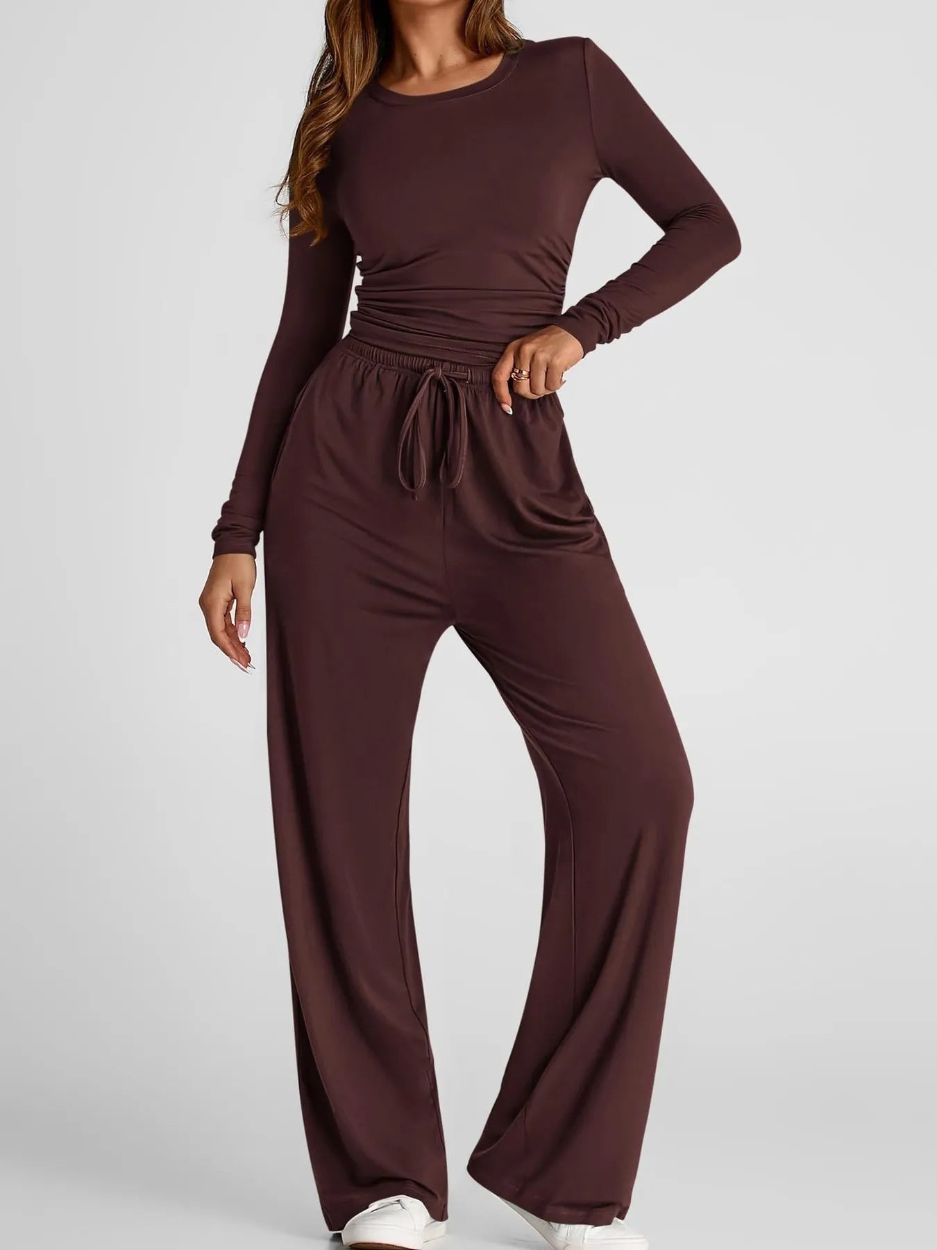 Round Neck Long Sleeve Top and Pants Set - PBNJ FASHIONS