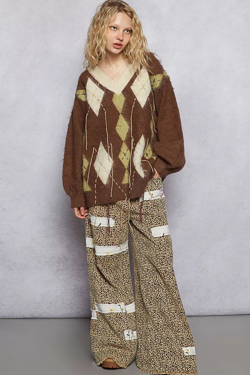 POL V - Neck Argyle Pattern Mohair Sweater with Contrast Exposed Stitch Detail - PBNJ FASHIONS