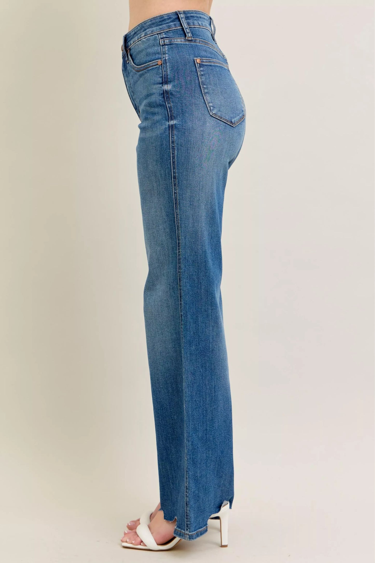 Judy Blue Full Size High Waist Tummy Control Chew Hem Destroy Wide Jeans Plus Size - PBNJ FASHIONS