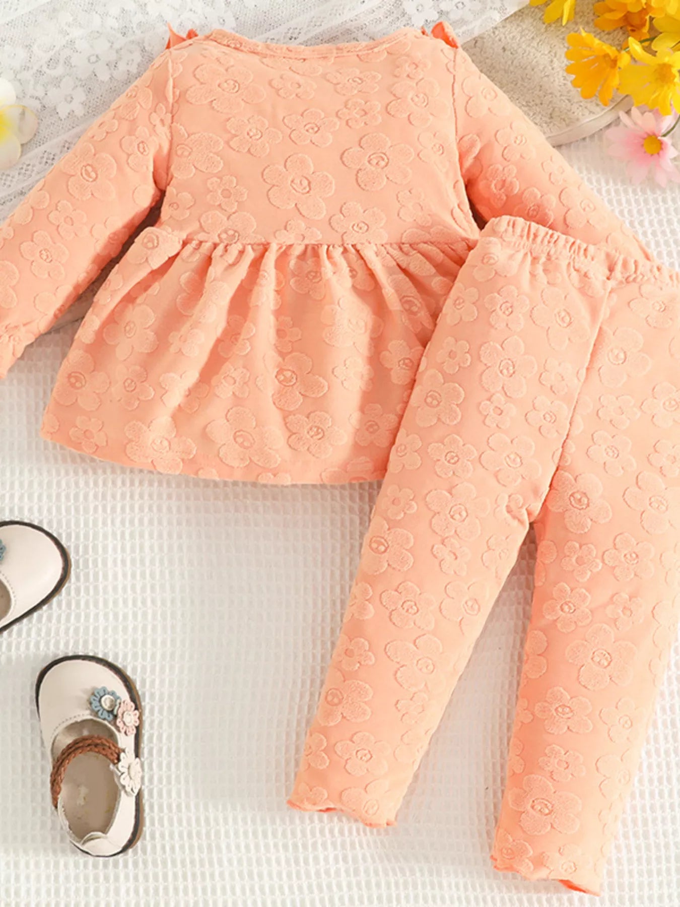 Children's Floral Embossed Ruffle Trim Top and Pants Set - PBNJ FASHIONS