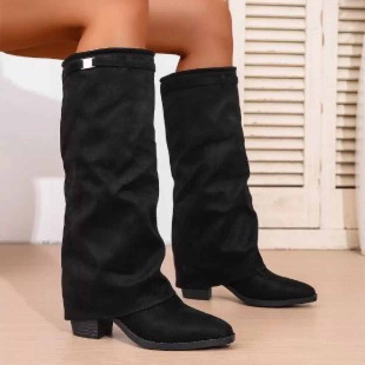 Point Toe Suede Block Heel Boots - Mid Heels, Rubber Sole - Size Conversion Included - PBNJ FASHIONSBlack