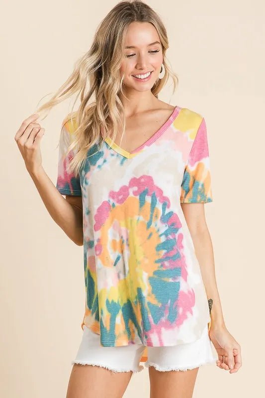 BiBi Circular Tie Dye Print V Neck Top - PBNJ FASHIONS