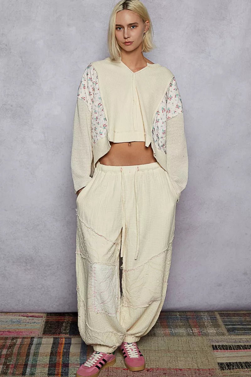 POL Mix Thermal Floral Pattern Quilted Knit Cropped Top with Raw Edge Detail - PBNJ FASHIONS