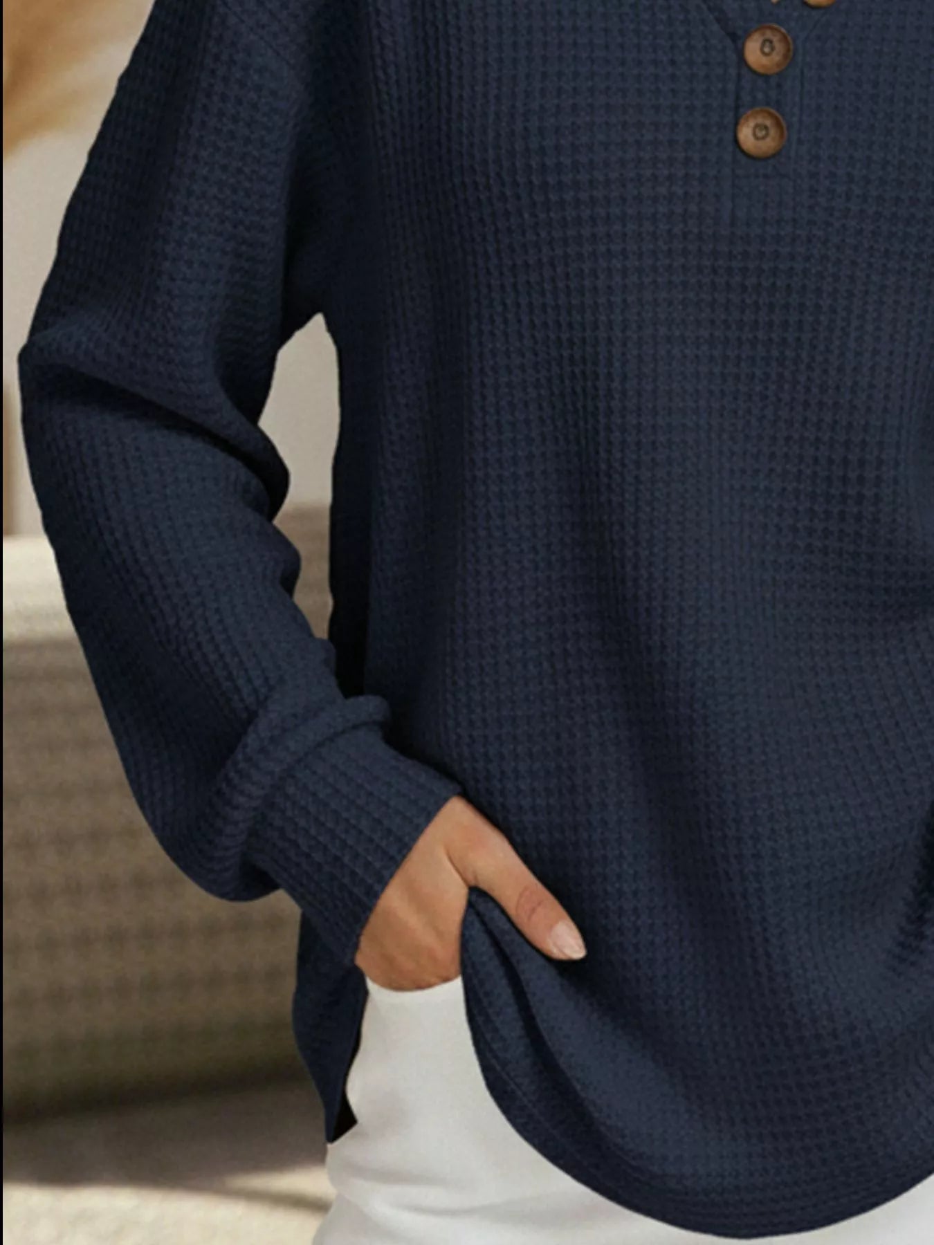 Full Size Casual Waffle Knit Long Sleeve T-Shirt Plus Size - PBNJ FASHIONS