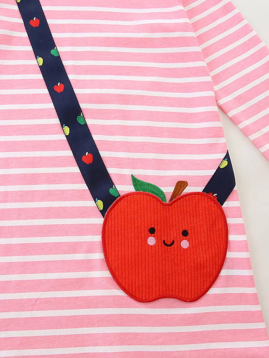 Children's Apple Applique Striped Long Sleeve Dress - PBNJ FASHIONS