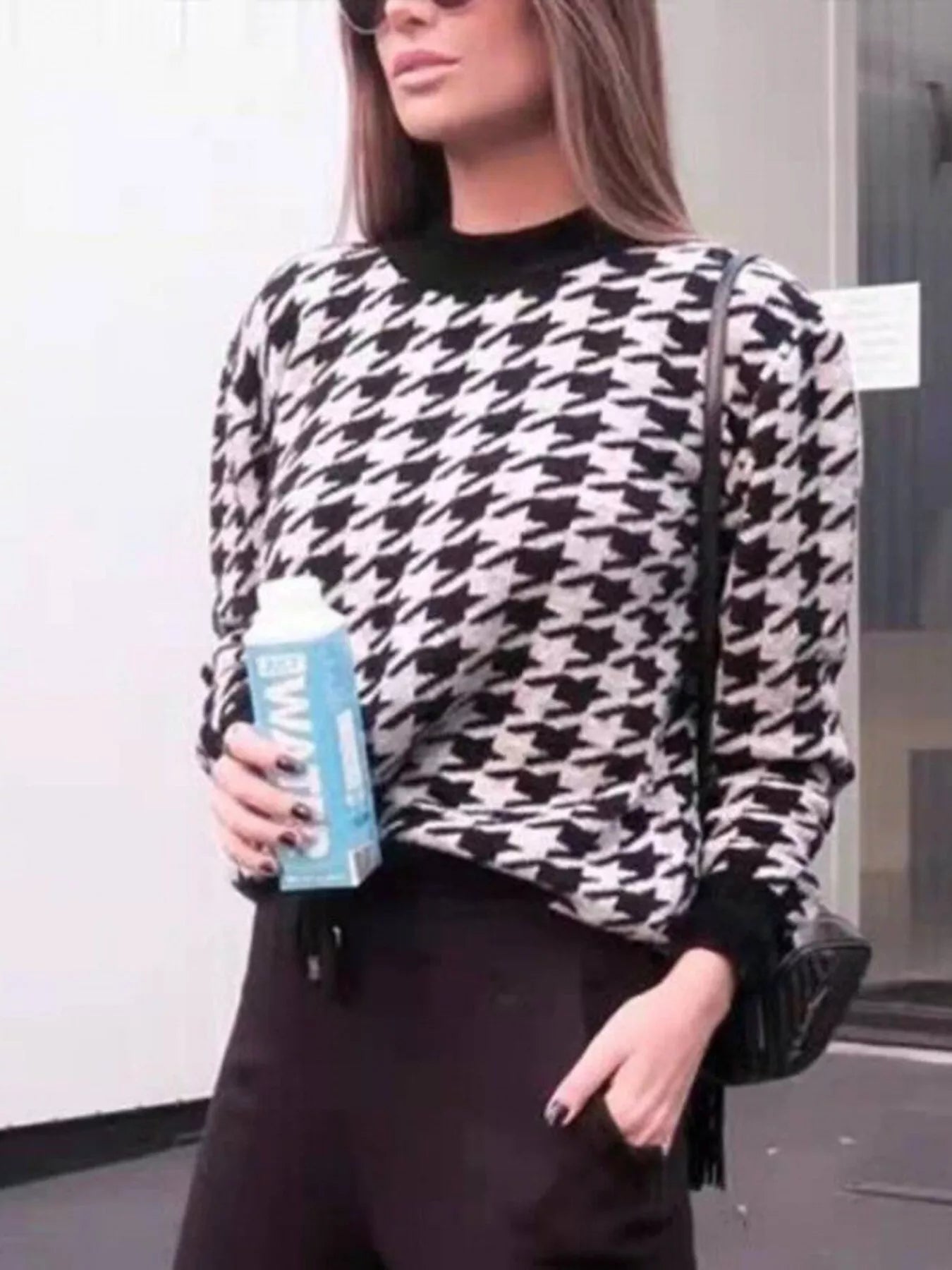Full Size Houndstooth Pattern Oversized Sweater Plus Size - PBNJ FASHIONS