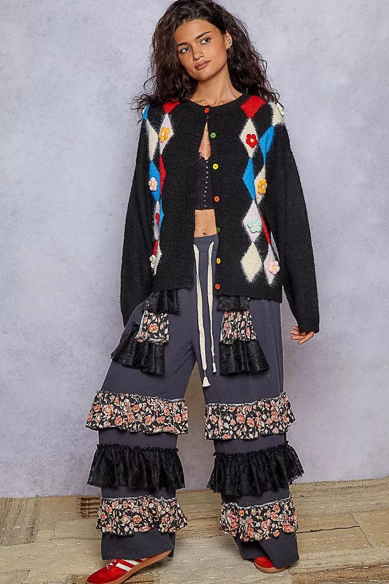 POL Button Down Diamond Pattern Round Neck Cardigan - PBNJ FASHIONS