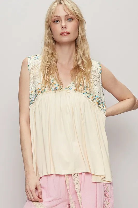 POL Lace Detail Frill Floral V - Neck Sleeveless Top - PBNJ FASHIONS