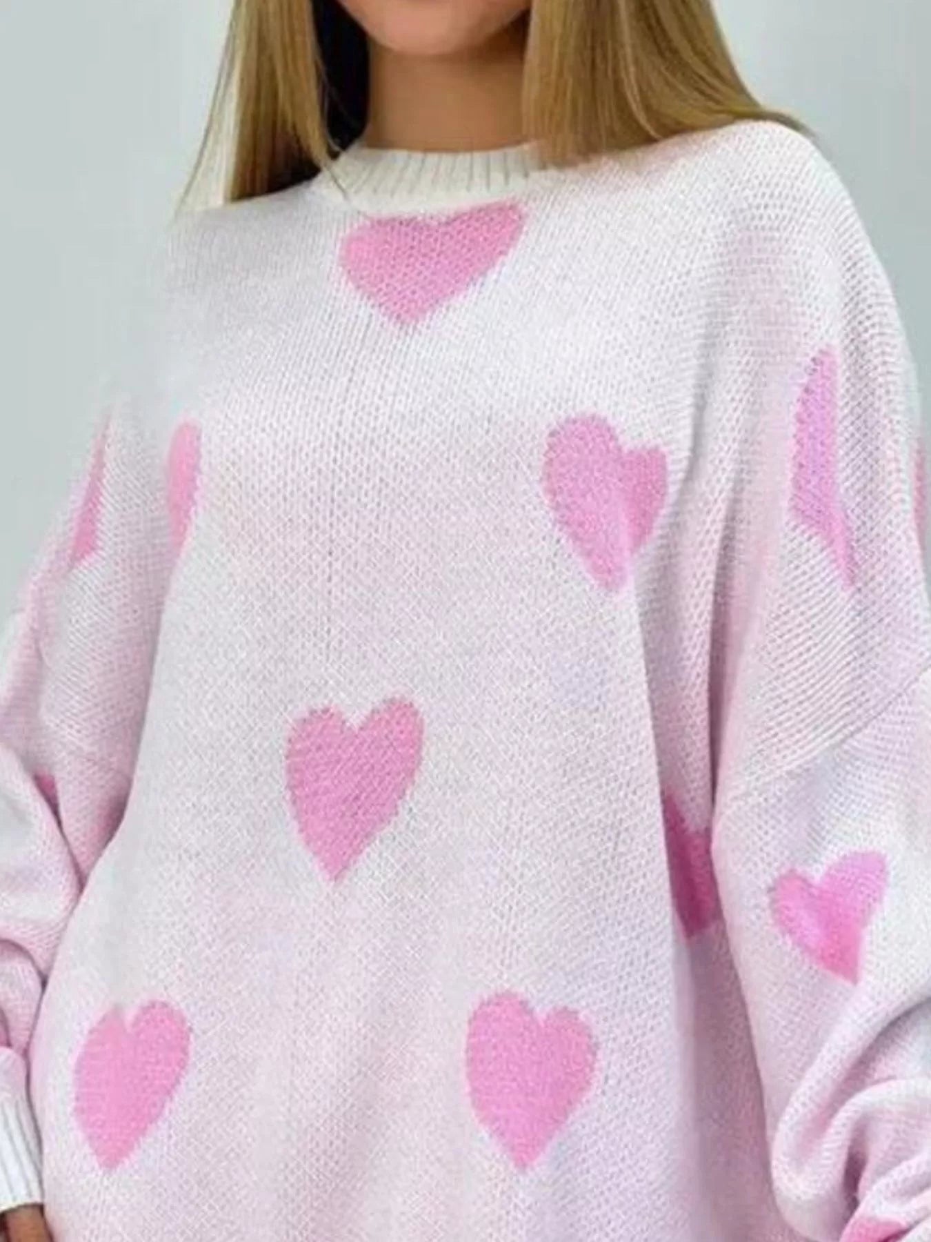 Heart Round Neck Oversized Knit Sweater - PBNJ FASHIONS