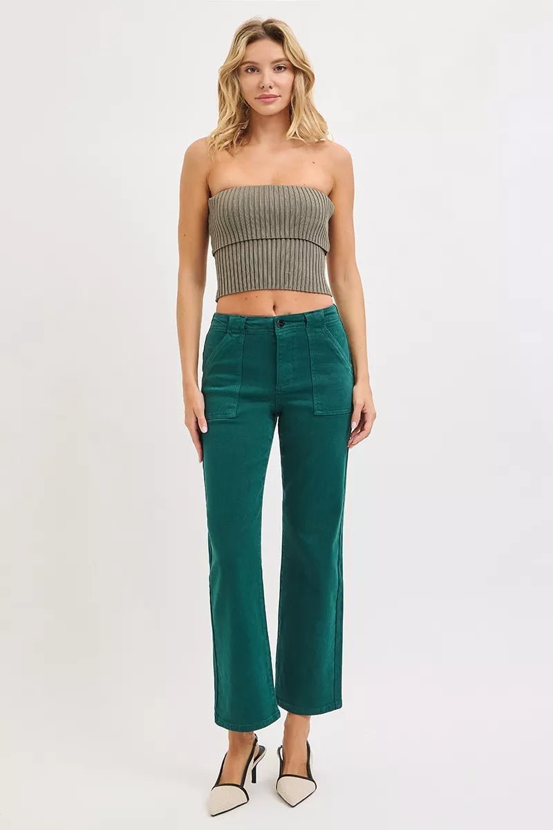 RISEN High Rise Ankle Flare Patch Pocket Jeans - PBNJ FASHIONS